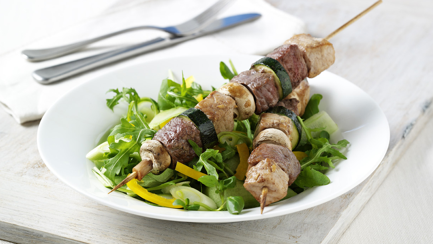 Balsamic-marinated chicken and beef kebabs