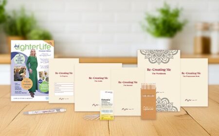 Contents of the Re-Creating Me, Programme Materials: Re-Creating Me Guide, Re-Creating Me Programme Book, Re-Creating Me Workbook, Re-Creating Me Journal, Re-Creating Me In Progress, LighterLife Magazine, LighterLife Stylus pen, pack of LighterLife colouring pencils, pack of Ketostix.