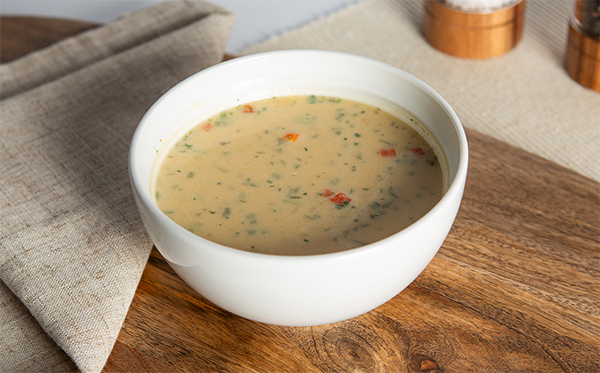 VLCD vegetable soup in a white bowl