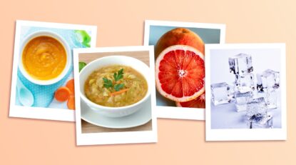 Images with a bowl of baby food, bowl of soup, grapefruit and a pile of ice cubes. Ridiculous diets.