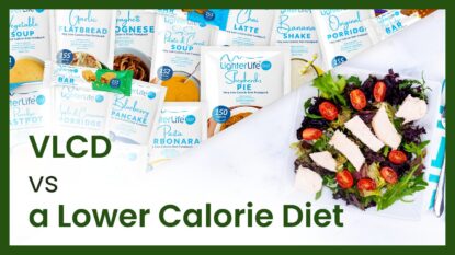 A picture showing LighterLife meals V's a Lower Calorie diet with a picture of a chicken salad