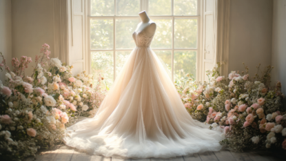 Fairy Tale wedding dress with flowers around it.
