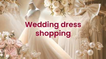 Lots of wedding dress hanging up with words that say: Wedding dress shopping
